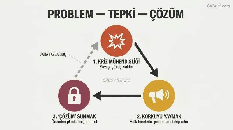 Three-step cycle where an engineered crisis amplifies public fear to justify a pre-planned solution, which loops back to enable the next manufactured crisis.