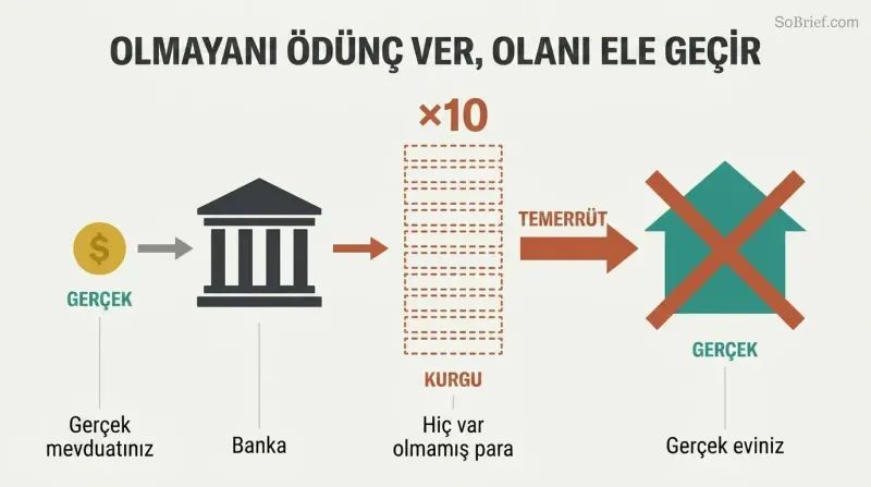 Three-stage horizontal flow showing a small real deposit multiplied tenfold by a bank into fictional lending that seizes a real house upon default.