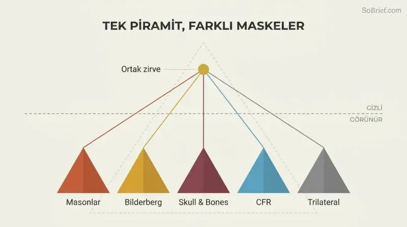 Five differently colored pyramid shapes representing secret societies converge via lines to a single shared gold apex point above a dashed visibility line, revealing hidden unity behind apparent independence.
