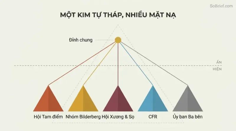 Five differently colored pyramid shapes representing secret societies converge via lines to a single shared gold apex point above a dashed visibility line, revealing hidden unity behind apparent independence.