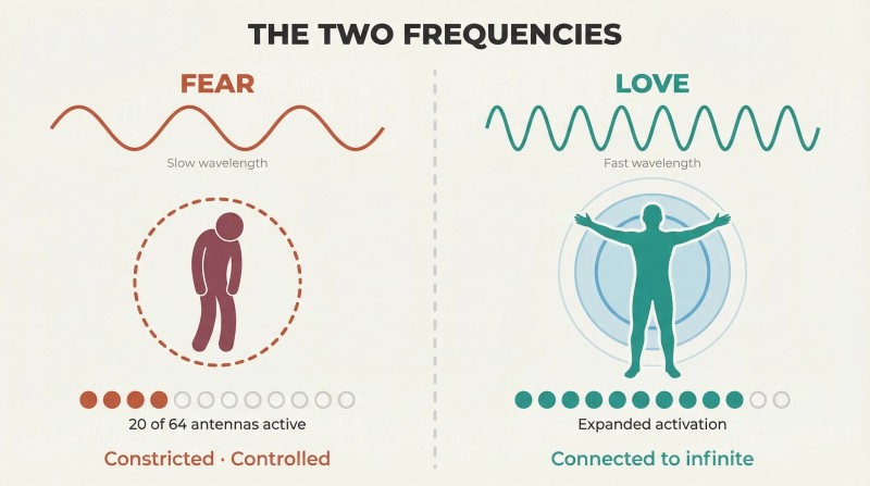 Split panel comparing fear's long slow wavelength constricting a human figure with few active antennas against love's fast wavelength expanding a figure with many active antennas.