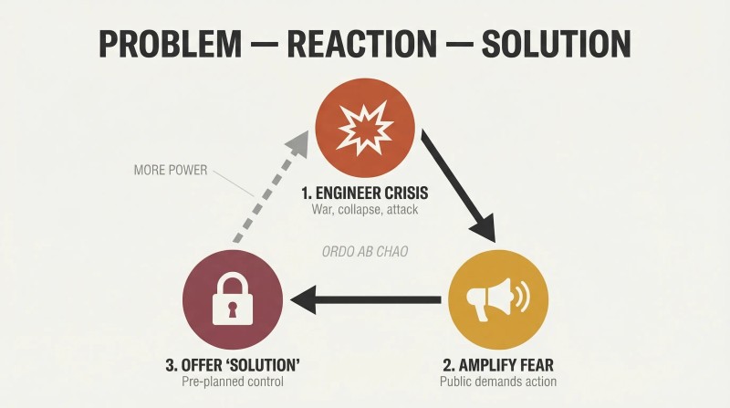 Three-step cycle where an engineered crisis amplifies public fear to justify a pre-planned solution, which loops back to enable the next manufactured crisis.