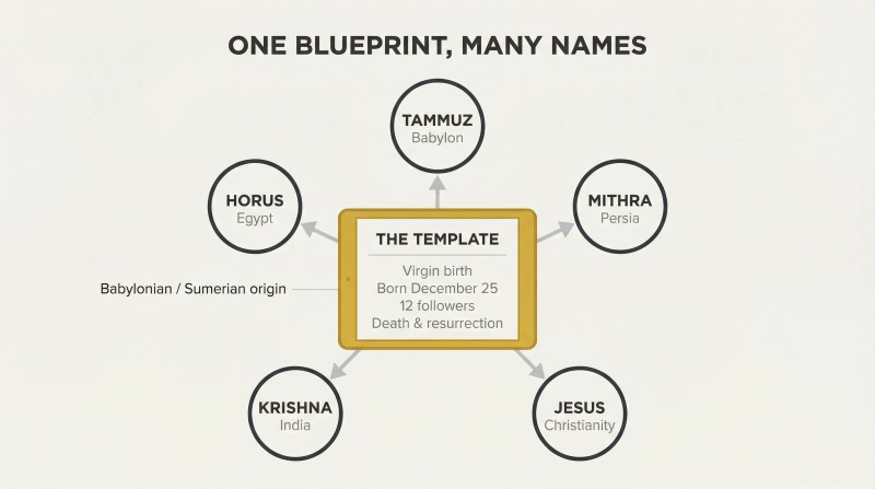 Five divine figures — Horus, Mithra, Tammuz, Krishna, and Jesus — arranged in a pentagon of identical circles, all connected by spoke lines to a central golden-bordered tablet listing shared attributes like virgin birth and resurrection.