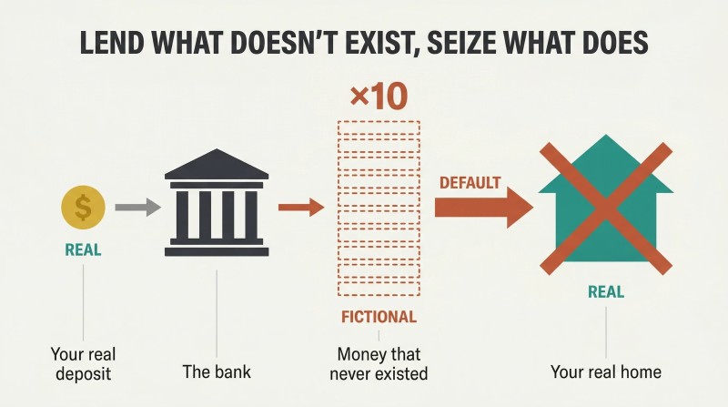 Three-stage horizontal flow showing a small real deposit multiplied tenfold by a bank into fictional lending that seizes a real house upon default.