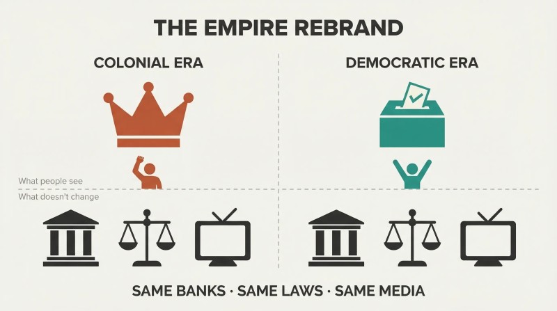 Split panel with a colonial crown and democratic ballot box above a horizontal dividing line, but identical bank, court, and media icons below on both sides.