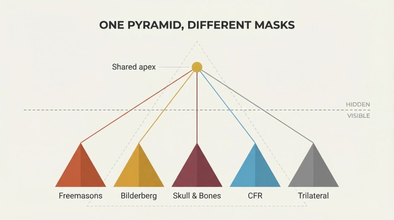 Five differently colored pyramid shapes representing secret societies converge via lines to a single shared gold apex point above a dashed visibility line, revealing hidden unity behind apparent independence.