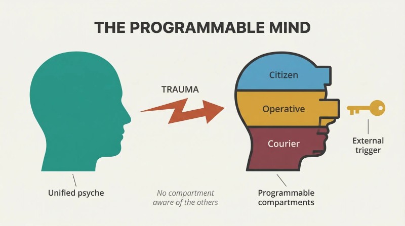 A unified head silhouette transforms through trauma into a filing-cabinet mind with three separately labeled identity compartments and an external key representing programmed control.