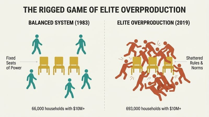 Split panel illustration comparing a balanced game of musical chairs with moderate competition to an overproduced game with too many players fighting over the same fixed chairs.