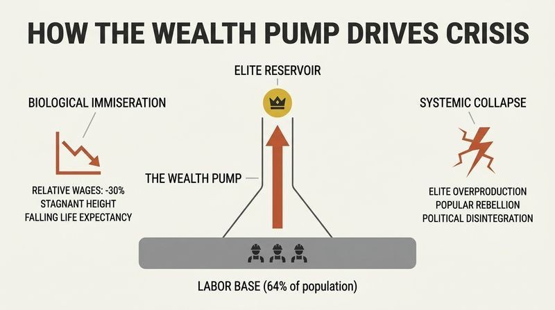 System schematic depicting Turchin's wealth pump, showing how economic growth is siphoned from a large labor base up to a tiny elite peak, causing bottom-level physical decline and top-level social disintegration.