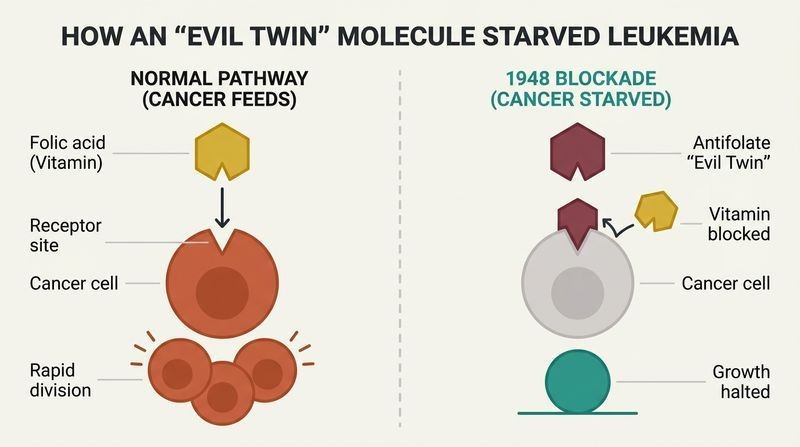 A split-panel diagram showing how normal folic acid fuels cancer cell division versus how an antifolate mimic blocks the receptor to halt leukemia growth.