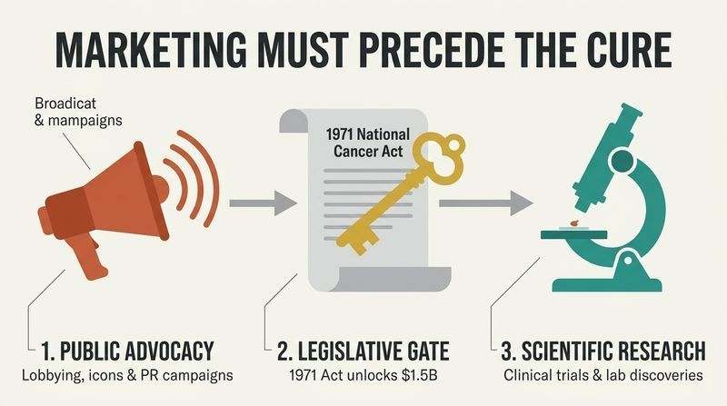 A three-stage sequence showing a megaphone on the left, a legislative act with a gold key in the middle, and a microscope on the right, showing how political marketing unlocks scientific funding.
