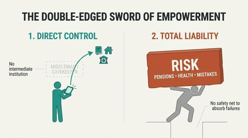 Split-panel diagram showing how bypassing middlemen gives individuals direct digital control on the left, but shifts massive personal risk and liability onto them on the right.