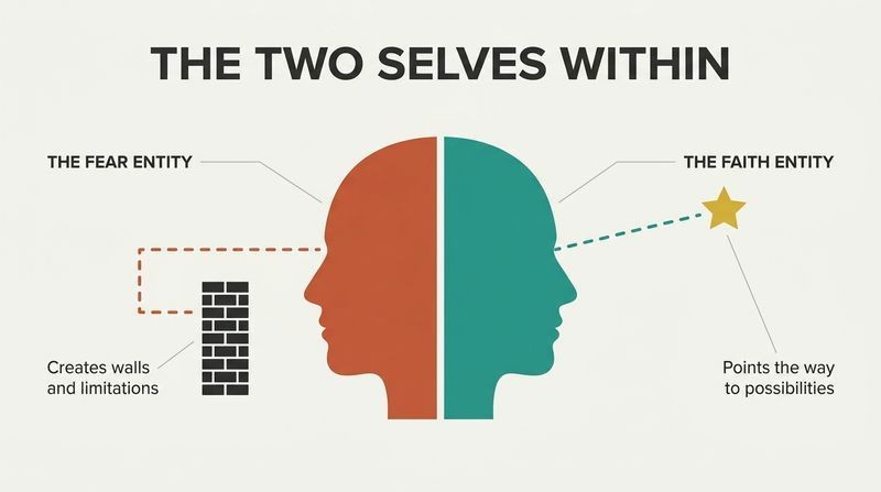 Split silhouette of a human head showing the terracotta Fear Entity facing a dead-end wall, while the teal Faith Entity faces an ascending path toward a gold star.