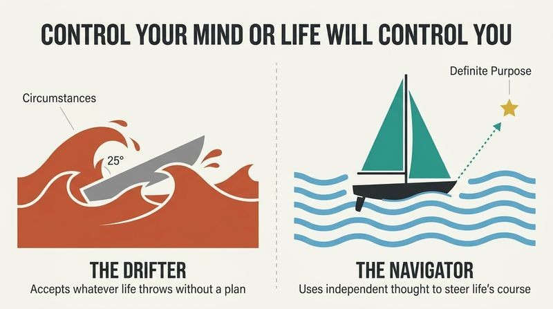 Split panel vector diagram contrasting a rudderless boat tossed by chaotic orange waves labeled "The Drifter" with a sailboat using a strong teal sail to navigate straight toward a gold star labeled "The Navigator."