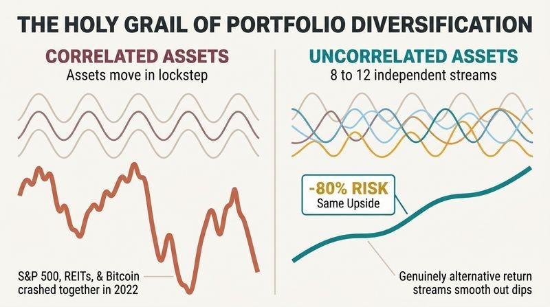 Split diagram comparing a traditional correlated portfolio that crashes together with an uncorrelated portfolio of eight to twelve independent assets that reduces risk by eighty percent.