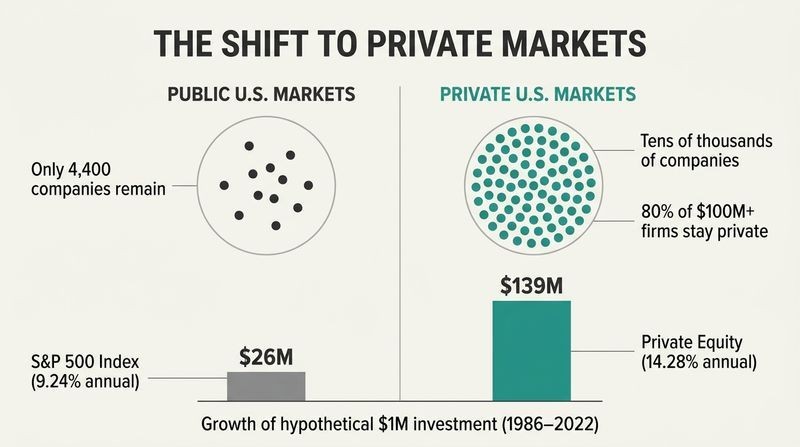 Split panel diagram comparing U.S. public and private markets, showing private markets have vastly more companies and significantly higher asset growth.