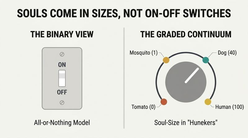 A split-panel diagram comparing the binary view of consciousness as an on-off switch with the graded view of consciousness as a rotary dial from 0 to 100.