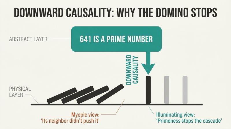 Stacked diagram illustrating downward causality, where the mathematical abstraction of 641 being prime dictates why a physical domino remains standing.