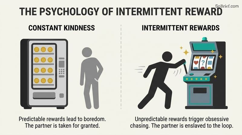 Split panel diagram comparing a predictable vending machine representing constant kindness to an unpredictable slot machine representing intermittent rewards.