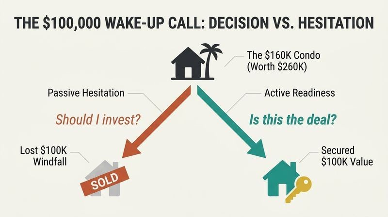 Fork diagram showing how asking "Should I invest?" leads to delay and a missed deal, while asking "Is this the deal?" leads to active capture of a $100,000 windfall.