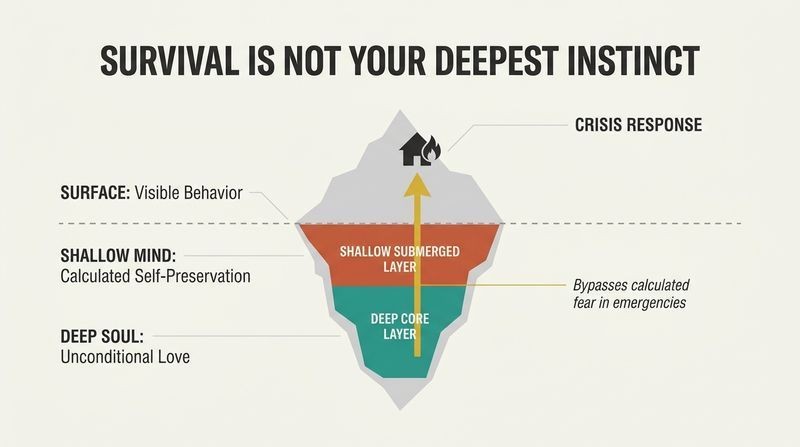 An iceberg diagram showing self-preservation as a shallow layer of calculated fear, while the deepest base is unconditional love.
