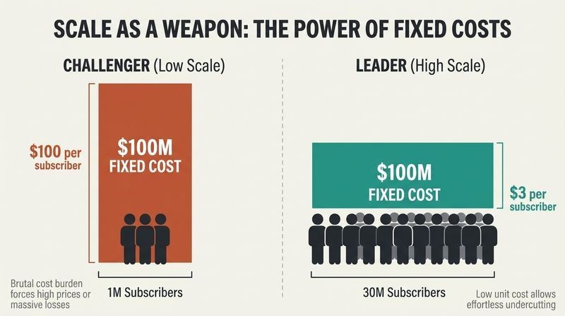 Split panel comparison showing how a $100M fixed content cost creates a towering unit cost for a small challenger but spreads into a tiny, easily absorbed cost for a scaled leader.