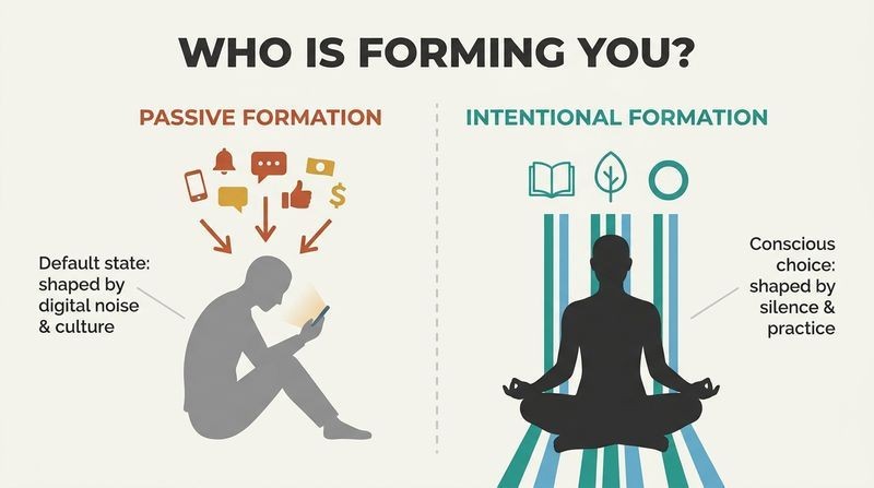A split-panel diagram contrasting passive formation by digital noise and active formation by intentional spiritual habits.