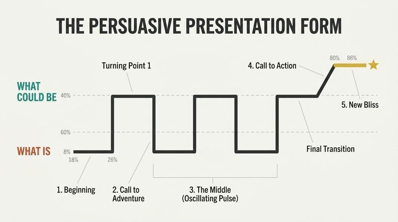 Waveform diagram mapping Nancy Duarte's structure of a persuasive talk as it oscillates between what is and what could be.