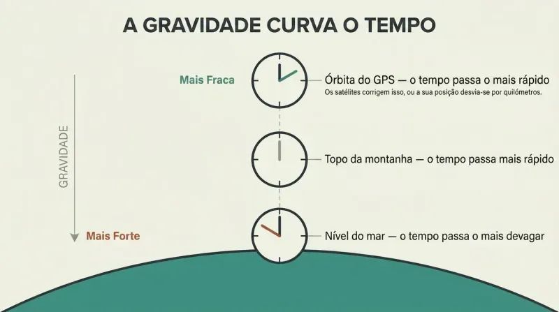 Three clocks at increasing heights above a curved Earth show minute hands progressively further ahead at higher altitudes, illustrating how gravity slows time.
