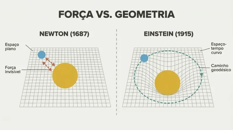 Split panel comparing Newton's flat-space force arrows between Sun and Earth with Einstein's curved space-time grid where Earth follows a geodesic path around the Sun's depression.