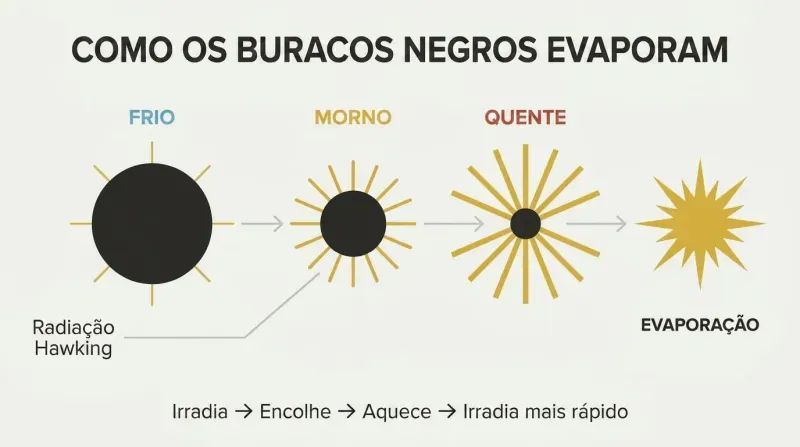 Three progressively smaller black circles with increasingly intense golden radiation halos lead to a final golden explosion, showing the inverse size-temperature relationship.