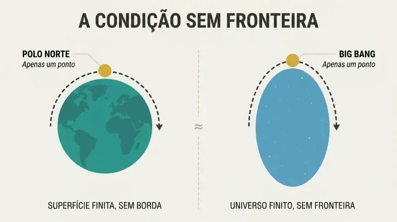 Side-by-side analogy showing Earth's North Pole and the Big Bang as ordinary points on finite surfaces with no edge or boundary.