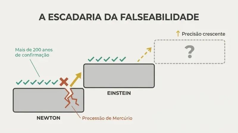 Ascending staircase of three theory platforms where many confirmations accumulate but one contradiction cracks each step, driving science upward to greater precision.