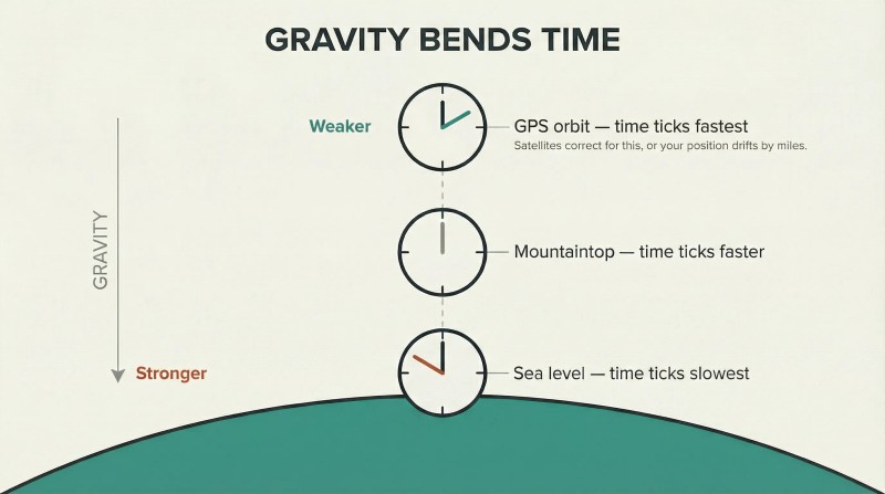 Three clocks at increasing heights above a curved Earth show minute hands progressively further ahead at higher altitudes, illustrating how gravity slows time.