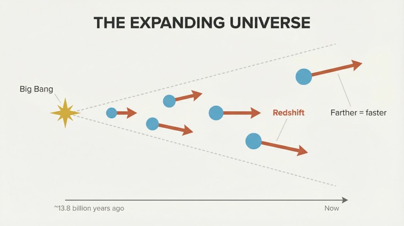 A cone expanding from a single origin point on the left to scattered galaxies on the right, with progressively longer arrows showing that farther galaxies race away faster.