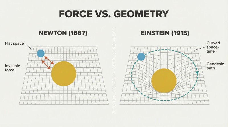 Split panel comparing Newton's flat-space force arrows between Sun and Earth with Einstein's curved space-time grid where Earth follows a geodesic path around the Sun's depression.