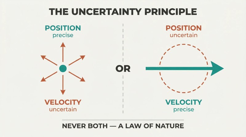 Split panel contrasting two measurement scenarios — a sharp dot with scattered arrows on the left versus a bold arrow through a dashed cloud on the right — showing position and velocity can never both be precisely known.