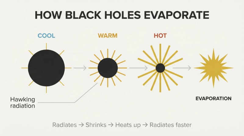 Three progressively smaller black circles with increasingly intense golden radiation halos lead to a final golden explosion, showing the inverse size-temperature relationship.
