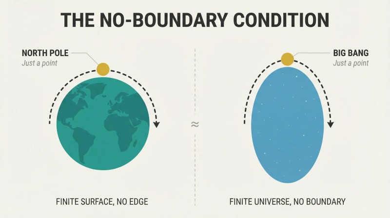 Side-by-side analogy showing Earth's North Pole and the Big Bang as ordinary points on finite surfaces with no edge or boundary.