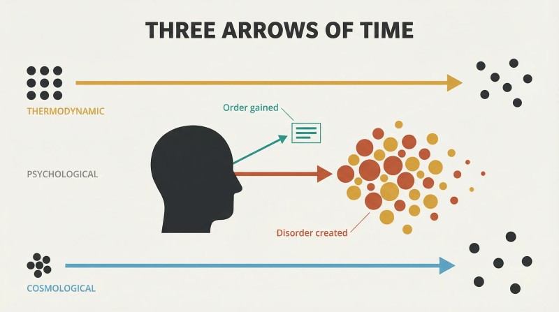 Three parallel arrows—thermodynamic, psychological, cosmological—all flow left to right, with the central psychological row showing a head producing a tiny ordered square and a massive cloud of disorder particles.