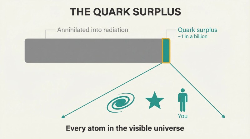 Proportion bar showing nearly all matter annihilated, with a tiny quark surplus expanding into galaxies, stars, and human life.