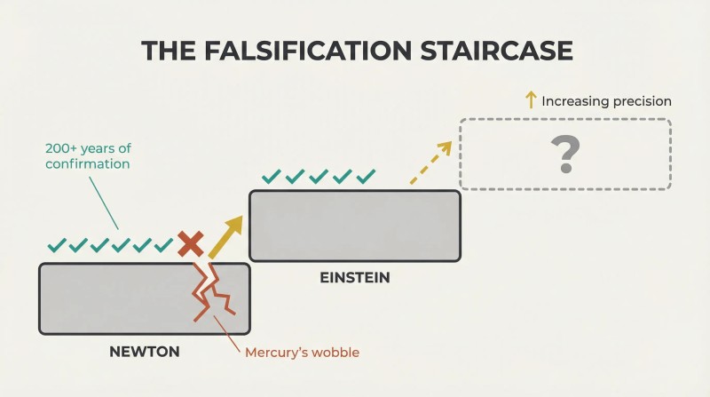 Ascending staircase of three theory platforms where many confirmations accumulate but one contradiction cracks each step, driving science upward to greater precision.