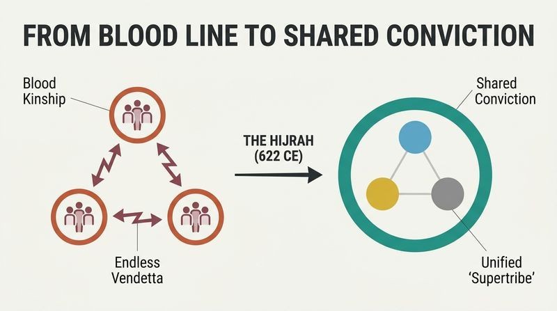 Split-panel diagram contrasting seventh-century Arabia's fractured, warring blood tribes with Muhammad's unified, value-based chosen community.
