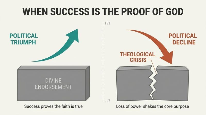 Split panel diagram comparing early Islamic political triumph as a solid foundation of divine favor with later decline as a cracked, failing foundation causing a theological crisis.