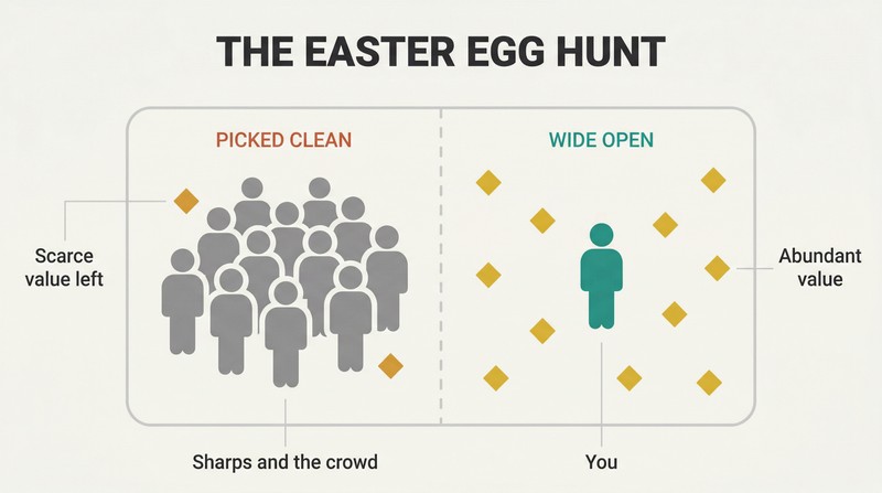 Split field showing a crowd of figures clustered around scarce opportunities on the left while a lone figure finds abundant opportunities on the empty right side.