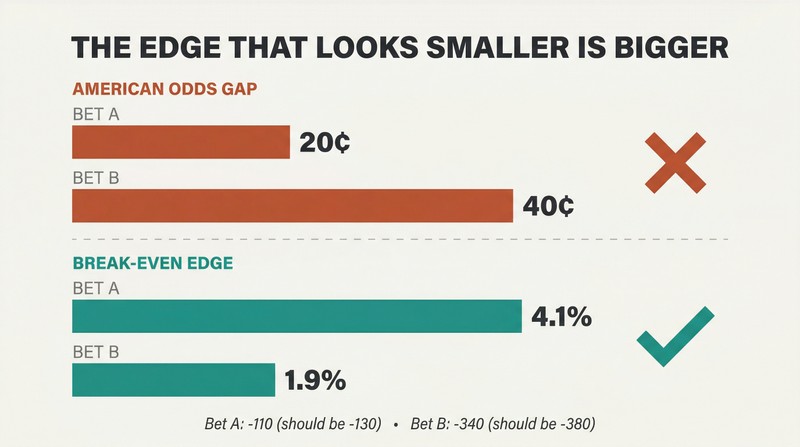 Two rows of paired bars showing how a 40-cent odds advantage reverses to a smaller edge than a 20-cent advantage when converted to break-even percentages.