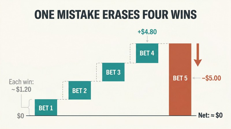 Waterfall chart showing cumulative profit rising through four small winning bets then plunging back to zero from a single losing bet.