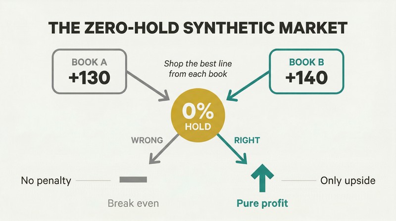 Two sportsbook price boxes converge into a central zero-hold node that forks into two outcomes: break even if wrong, pure profit if right.