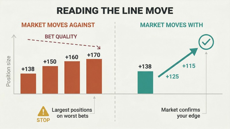 Split panel comparing two scenarios where a betting line moves against you, dangerously growing position size, versus moving with you, confirming your edge.