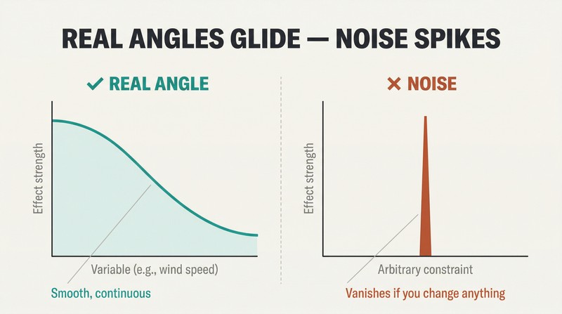 Split panel comparing a smooth declining curve labeled as a real betting angle against a single isolated spike labeled as noise, showing how valid patterns glide while fake ones appear only at arbitrary points.